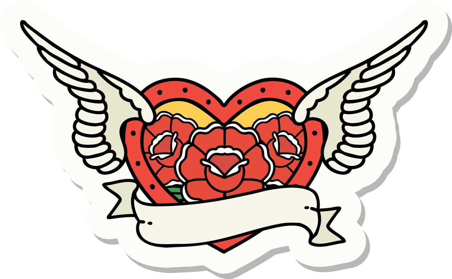 Tattoo-Aufkleber im traditionellen Stil eines fliegenden Herzens mit Blumen und Banner vektor