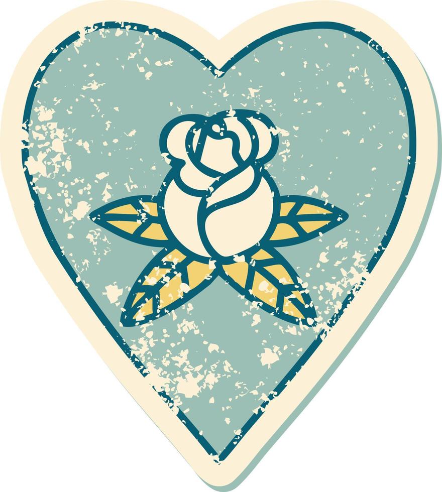 ikoniska bedrövad klistermärke tatuering stil bild av en hjärta och blommor vektor
