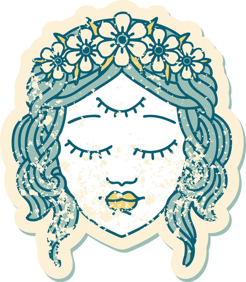 ikonisches Distressed Sticker Tattoo Style Bild des weiblichen Gesichts mit drittem Auge vektor