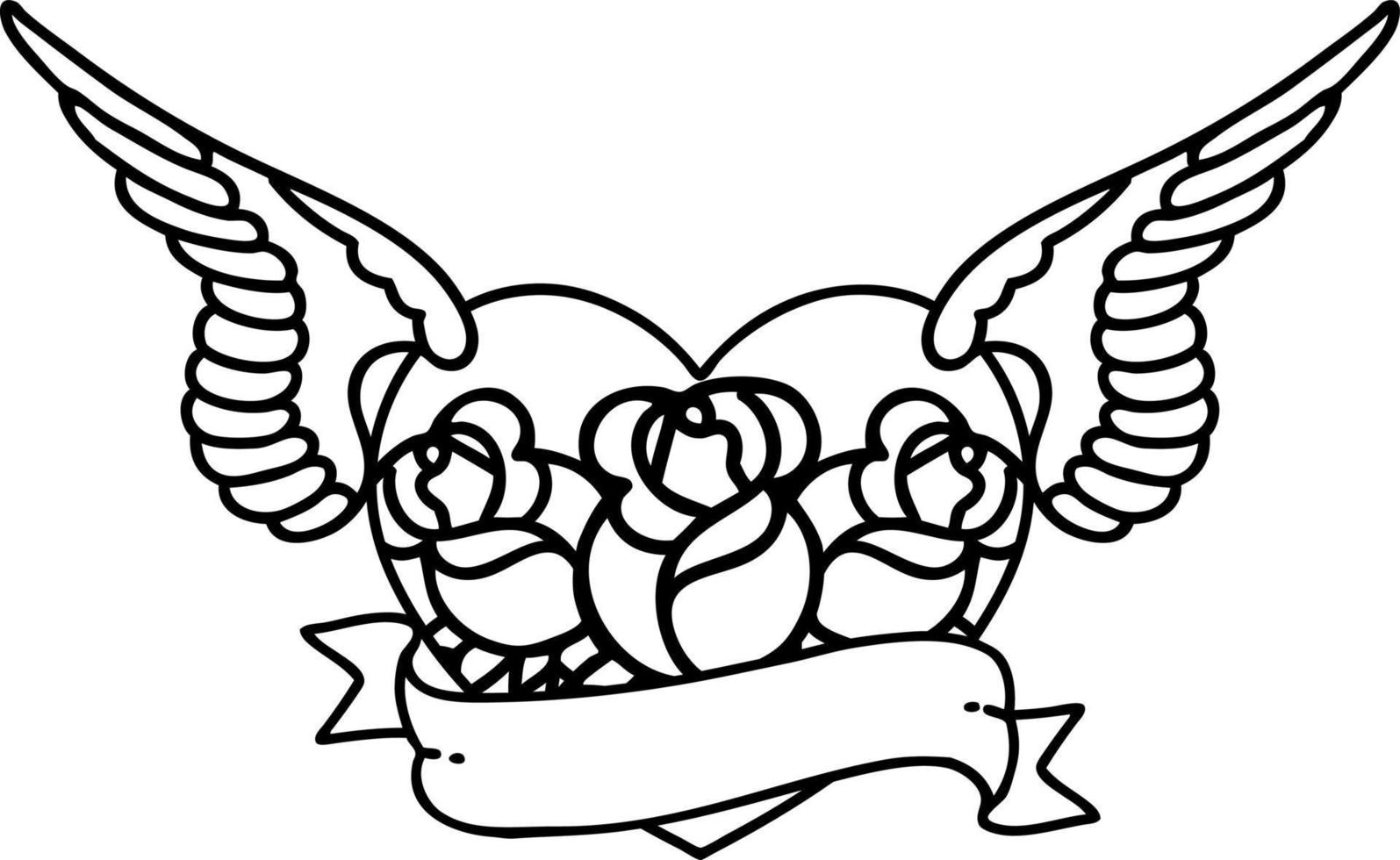 Tattoo im schwarzen Linienstil eines fliegenden Herzens mit Blumen und Banner vektor