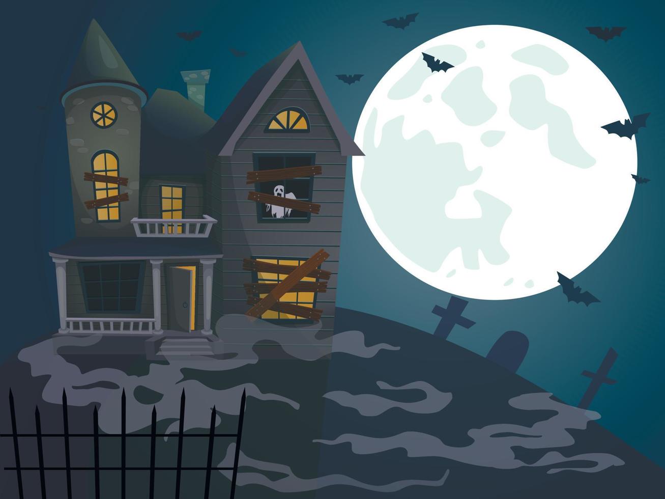 halloween besatt hus på blå måne bakgrund. vektor illustration.