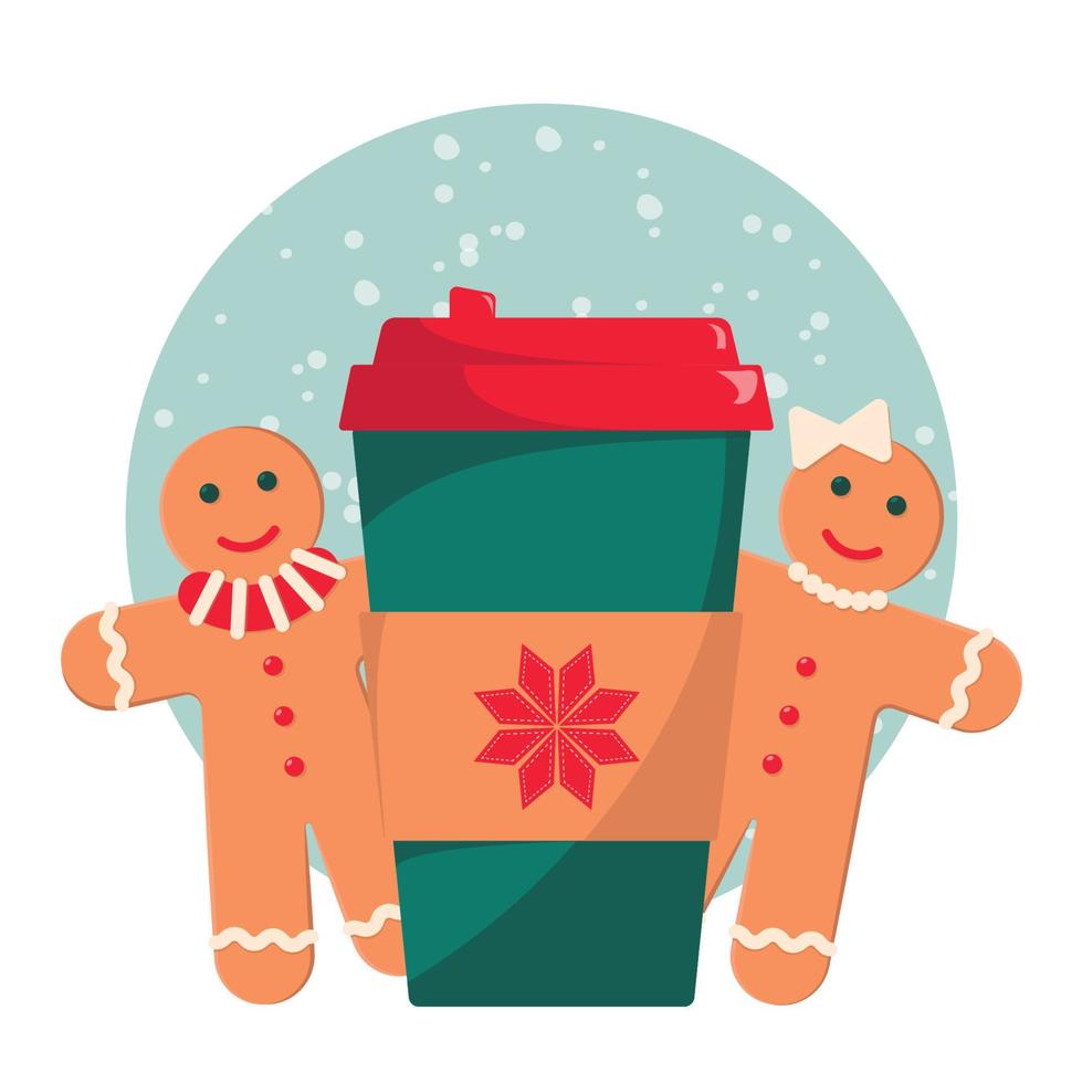 kopp av kaffe med pepparkaka män. romantisk jul illustration. vektor