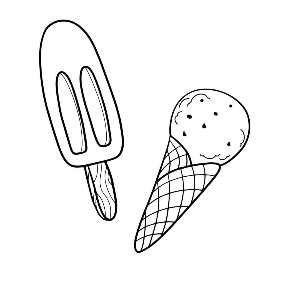 svartvit ikon uppsättning, kall is grädde i en våffla kon, is grädde på en pinne, vektor illustration i tecknad serie stil på en vit bakgrund