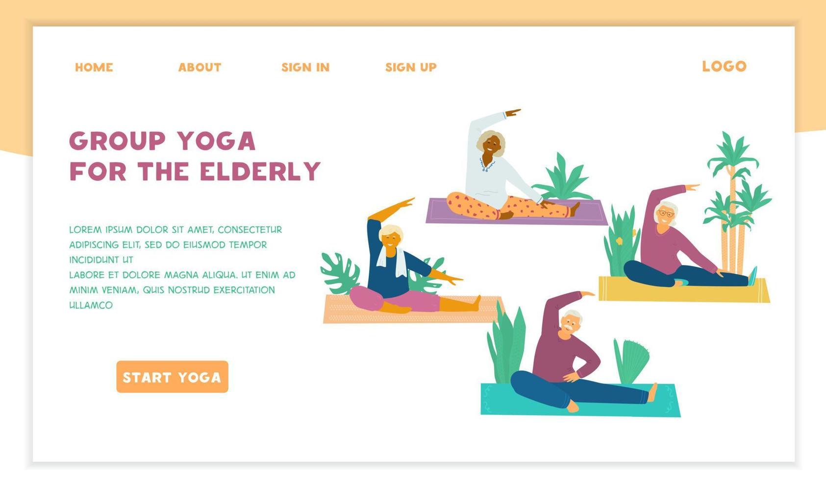 grupp yoga klass för seniors vektor hemsida mall. annorlunda races gammal människor stretching på yoga mattor omgiven med växter. aktiva och friska pensionering.