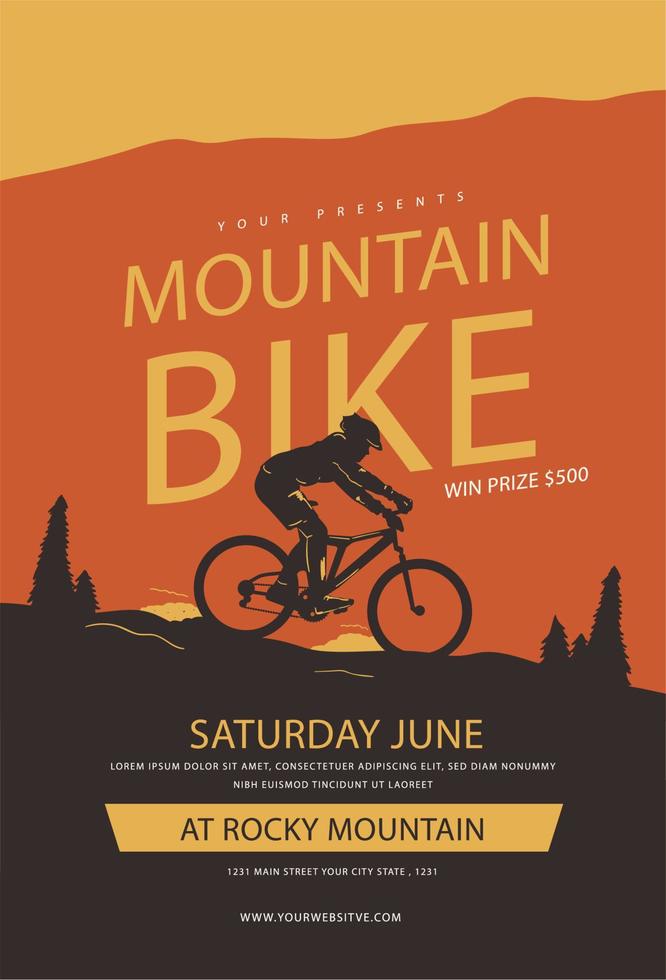vektor flygblad med sporter cykel på orange bakgrund, reklam baner. abstrakt affisch för extrem berg cykel och bmx cykel konkurrens