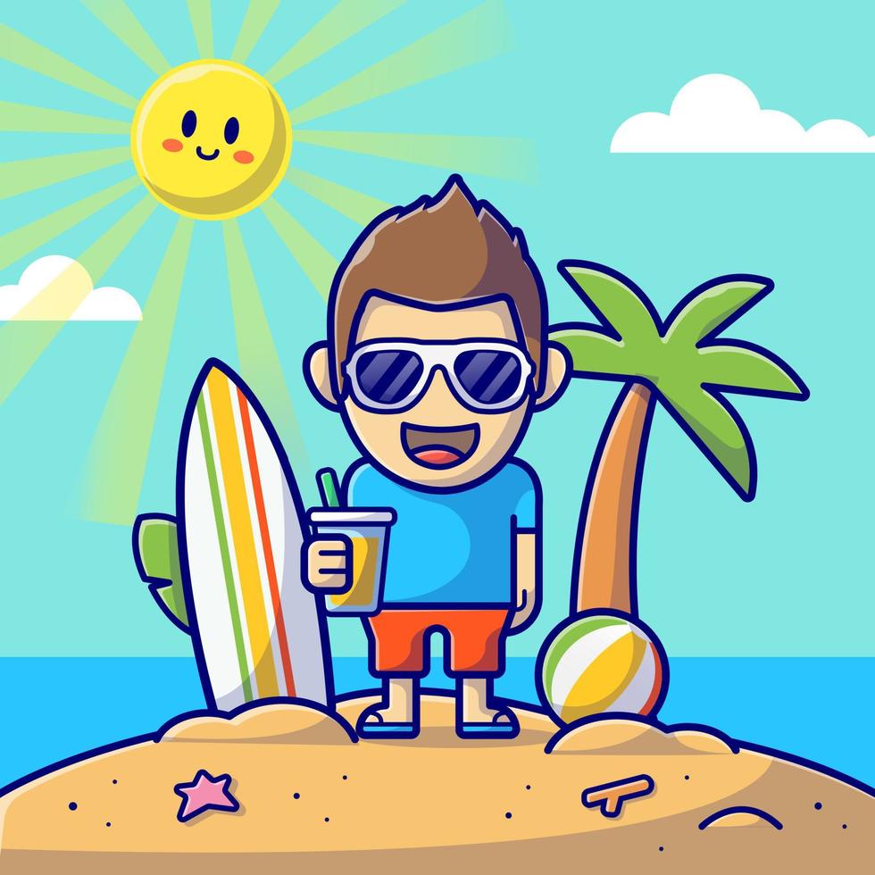 süßer junge am strand in sommertag cartoon vektor symbol illustration. Menschen Urlaub Symbol Konzept isoliert Premium-Vektor. flacher Cartoon-Stil