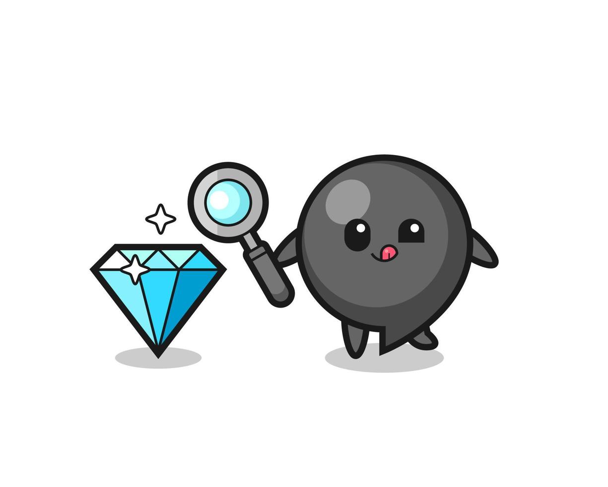Komma-Symbol-Maskottchen überprüft die Echtheit eines Diamanten vektor