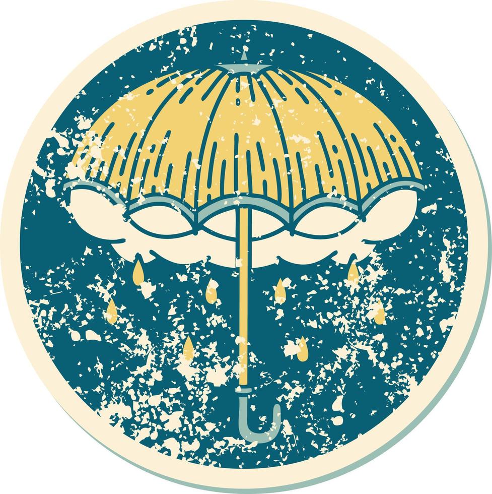 ikoniska bedrövad klistermärke tatuering stil bild av ett paraply och storm moln vektor