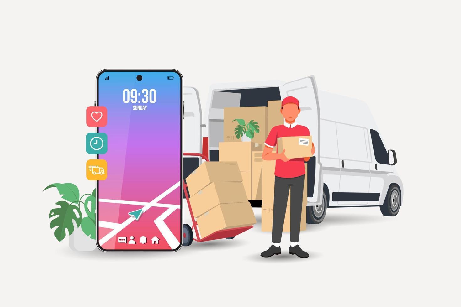 mobiler kurier- oder frachtzustelldienst-transportvektor der logistischen fracht, flaches karikatur-lkw-automobil mit lagerpaketpaketen und handy- oder telefonstadtplan-stiftspur vektor