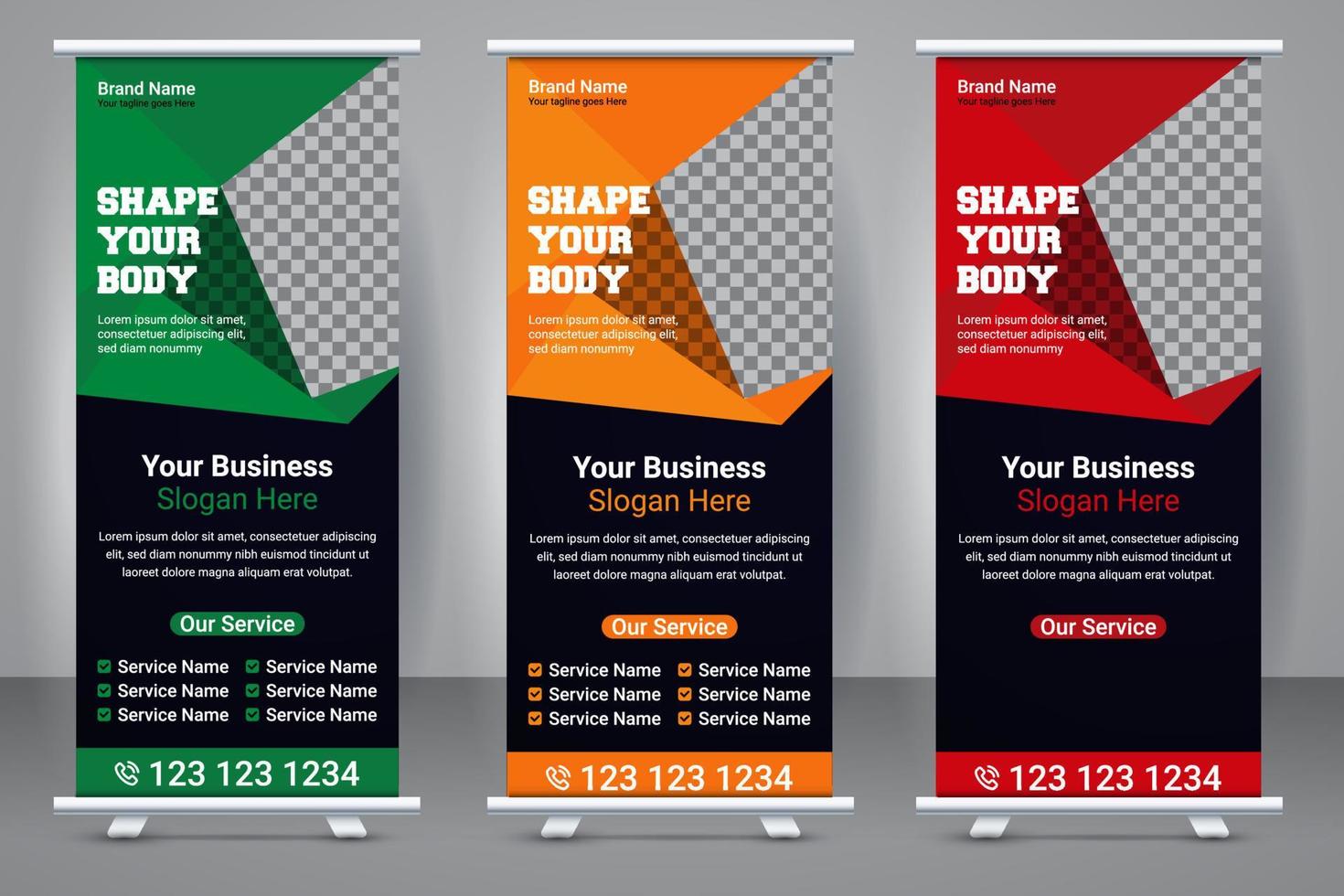 elegantes Turnhallen-Roll-up-Stand-Banner-Vorlagendesign. Fitness-Aufsteller kreatives X-Banner-Template-Design. vektor