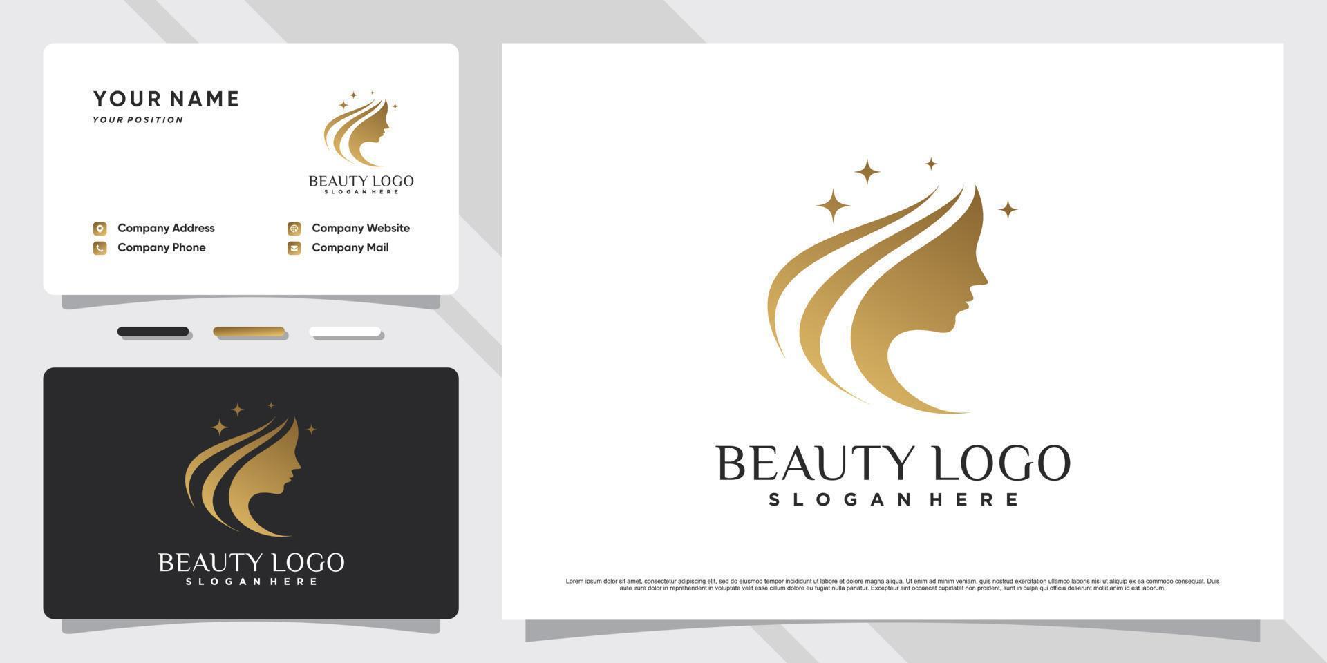 Beauty-Logo-Design-Illustration für Salon oder Kosmetik mit Frauengesicht und Visitenkartenvorlage vektor