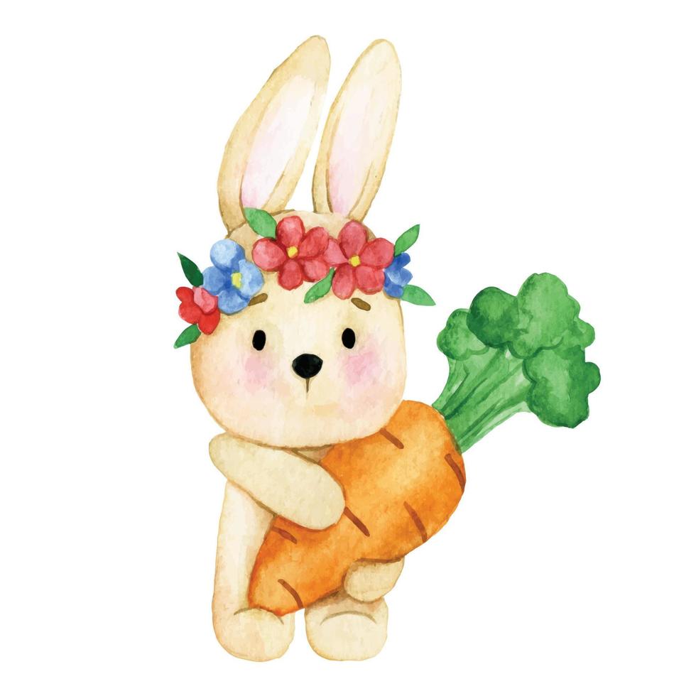 süße Aquarellzeichnung. Hase mit Blumen. lustiger charakter für kinderkaninchen mit karotte. Baby vektor