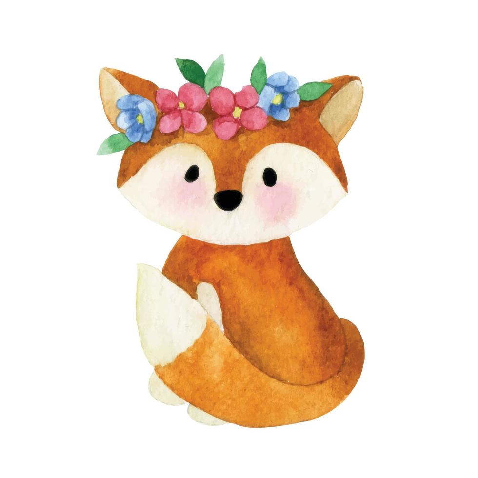 süße Aquarellzeichnung. kleiner Fuchs, mit Blumen. lustiger charakter für kinder. Schätzchen, Scrapbooking vektor