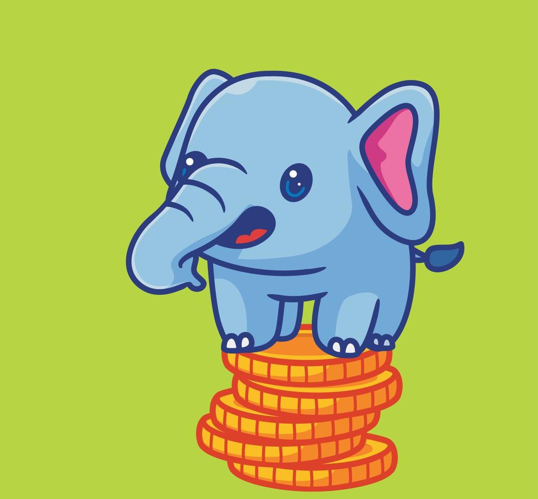 süßer elefant, der auf münzenstapel steht. isolierte karikaturtierillustration. flaches Aufkleber-Icon-Design Premium-Logo-Vektor. Maskottchen Charakter vektor