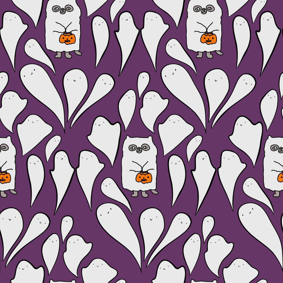 süßes lila muster, gekritzelschwarze liniengeister und eine katze. Halloween-nahtloser Hintergrund. für stoff textil, hause, baby haustier. vektor