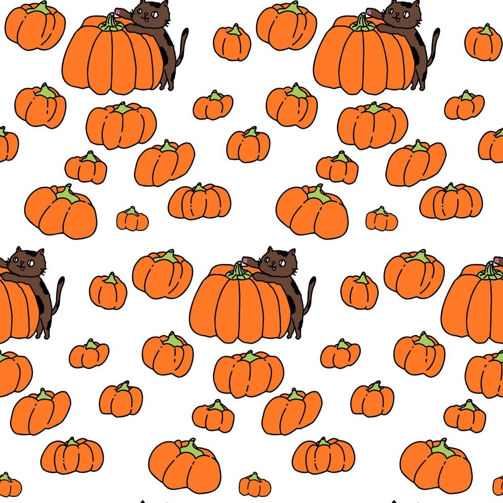 süßes weißes muster, gekritzellinie kürbisse mit einer katze. Halloween-nahtloser Hintergrund. für stoff textil, hause, baby pet. vektor