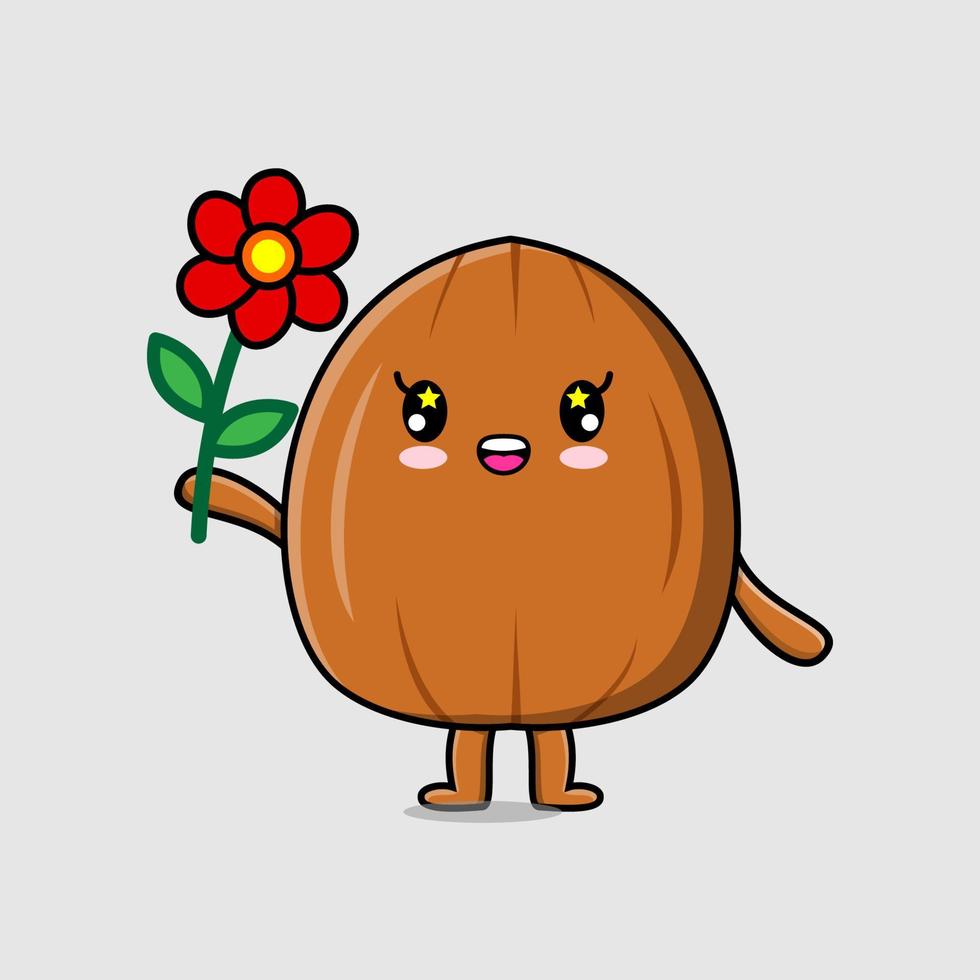 süßer Cartoon-Mandelnuss-Charakter hält rote Blume vektor