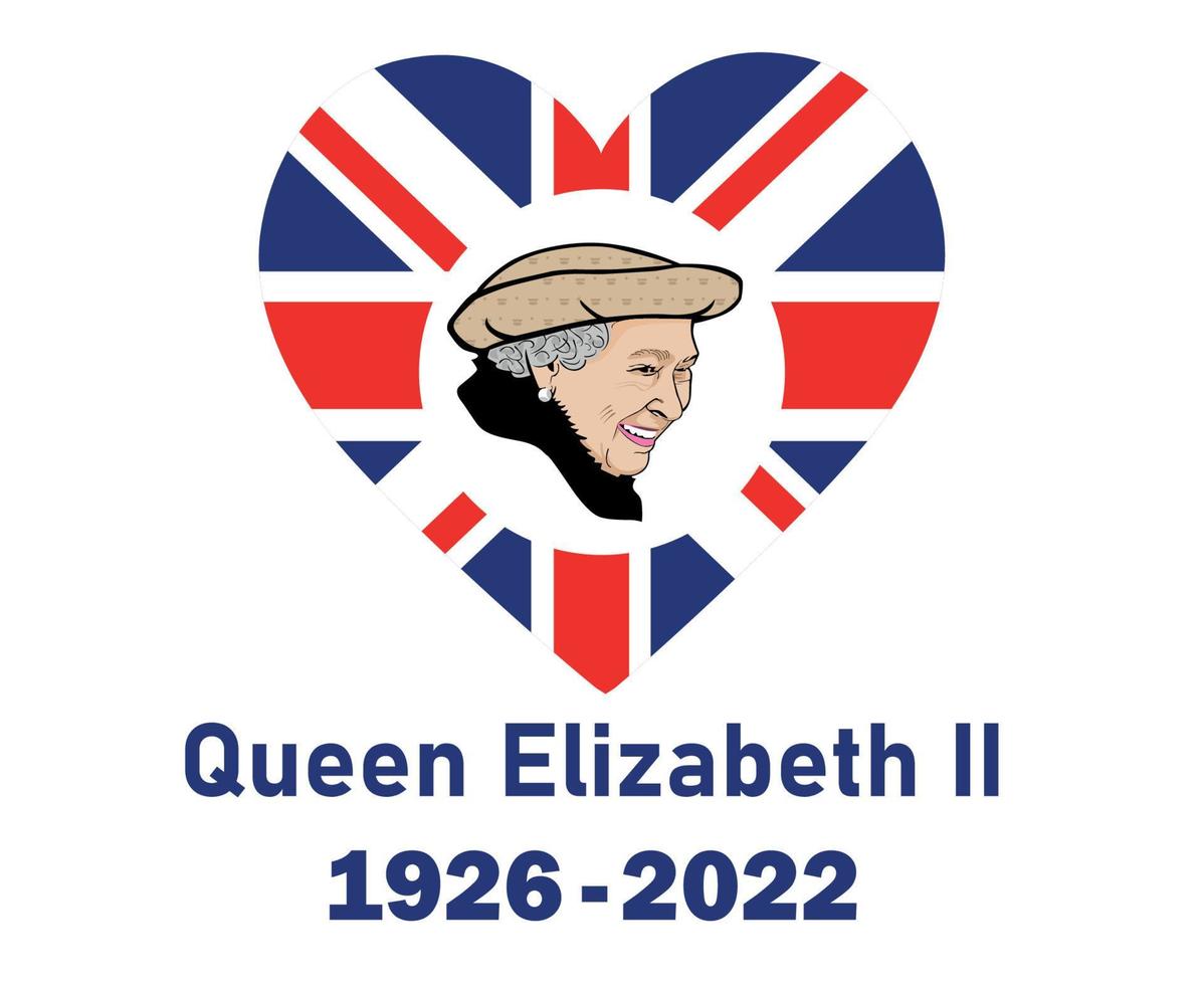 Königin Elizabeth Gesicht Porträt 1926 2022 blau mit britischem Flaggenherz des Vereinigten Königreichs nationales Europa-Emblemikonenvektorillustrations-Zusammenfassungsgestaltungselement vektor