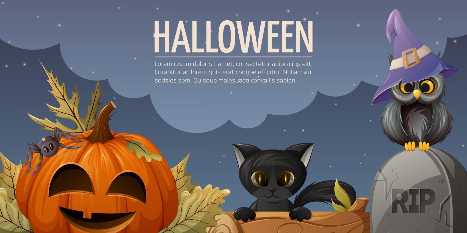 halloween natt bakgrund. pumpa med ansikte, svart katt, logga, gravsten med text vila i frid, söt Uggla i de trolldom hatt. tecknad serie vektor illustration. Plats för text