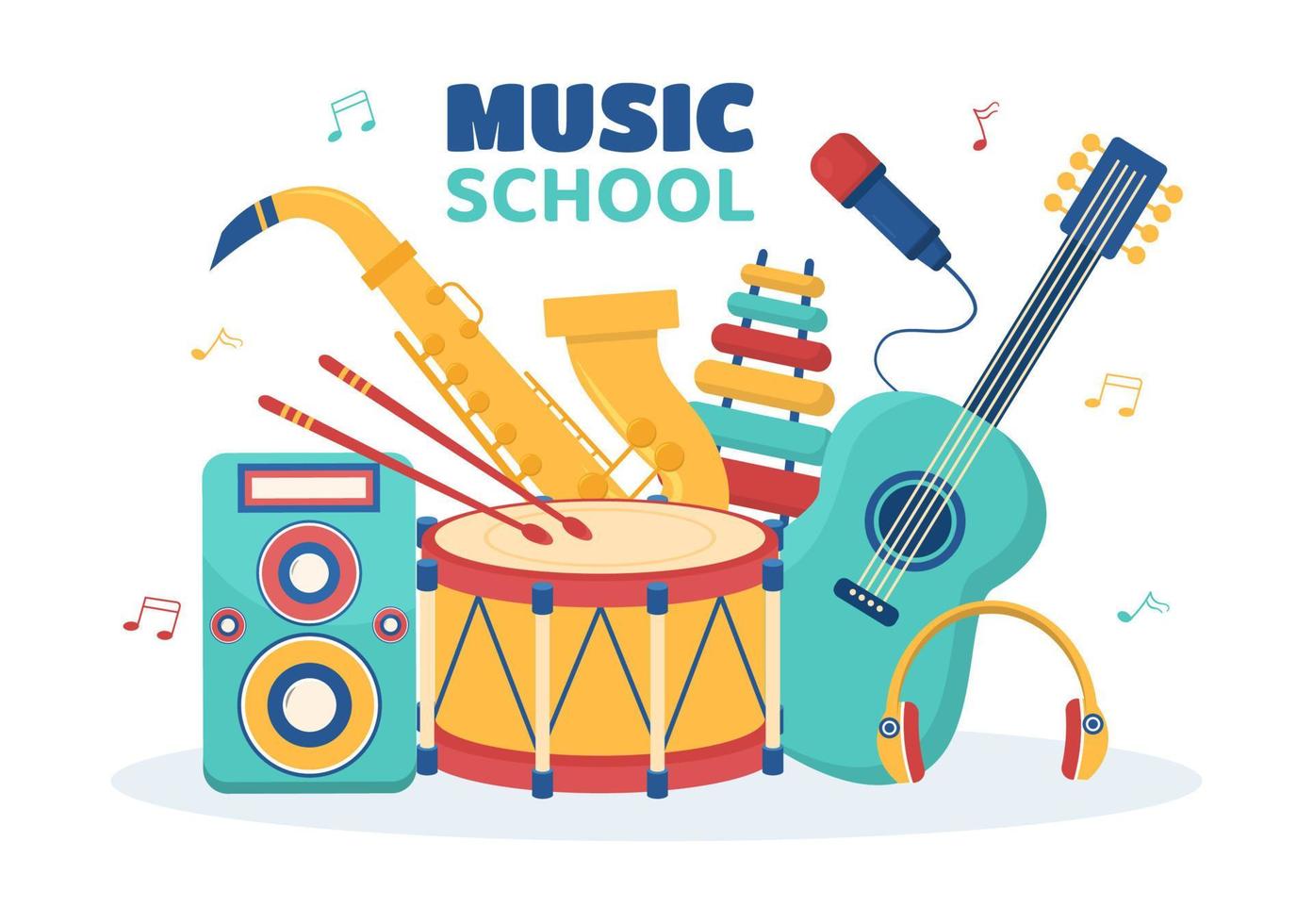 musik skola mall i hand dragen tecknad serie platt illustration spelar olika musikalisk instrument, inlärning utbildning musiker och sångare vektor