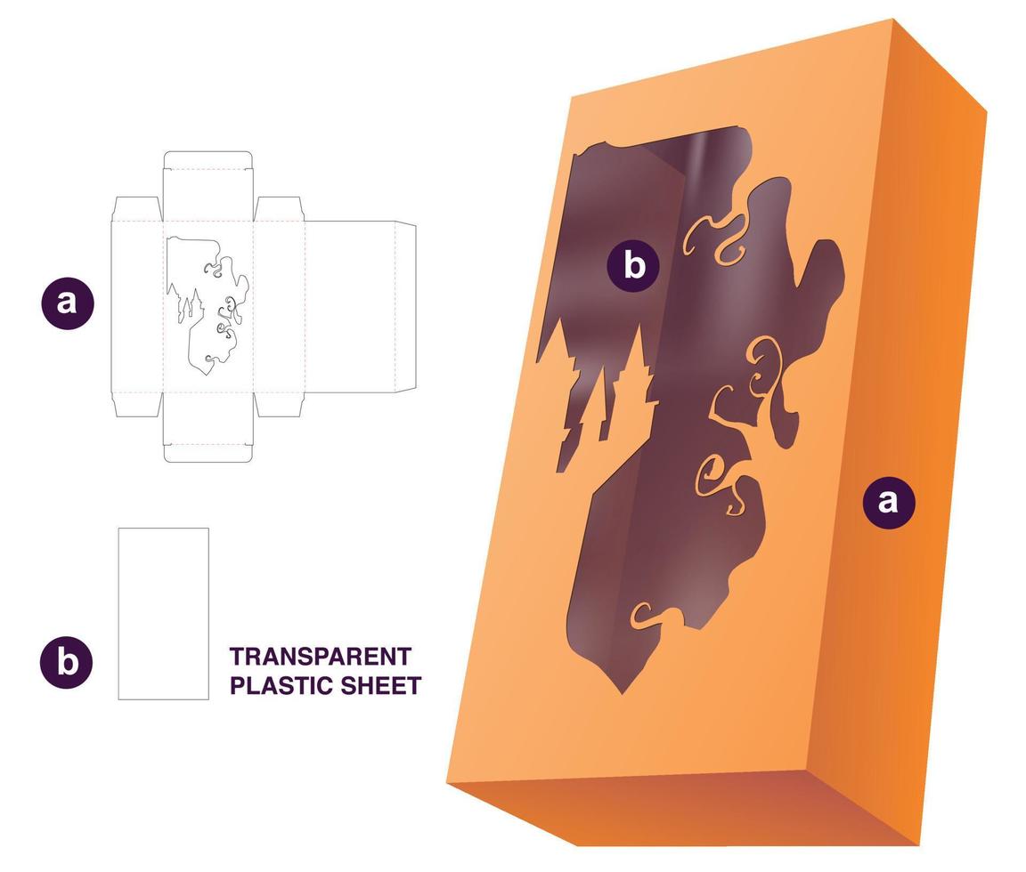 verpackung mit gestanzter halloween-fensterschablone und 3d-modell vektor