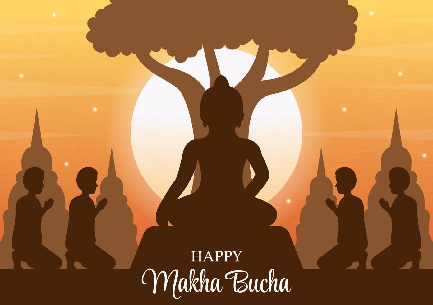 Lycklig makha bucha dag mall hand dragen tecknad serie platt illustration buddha Sammanträde i lotus blomma under bodhi träd på natt omgiven förbi munk vektor