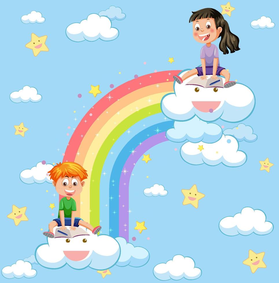 glückliche kinder im himmel mit regenbogen vektor