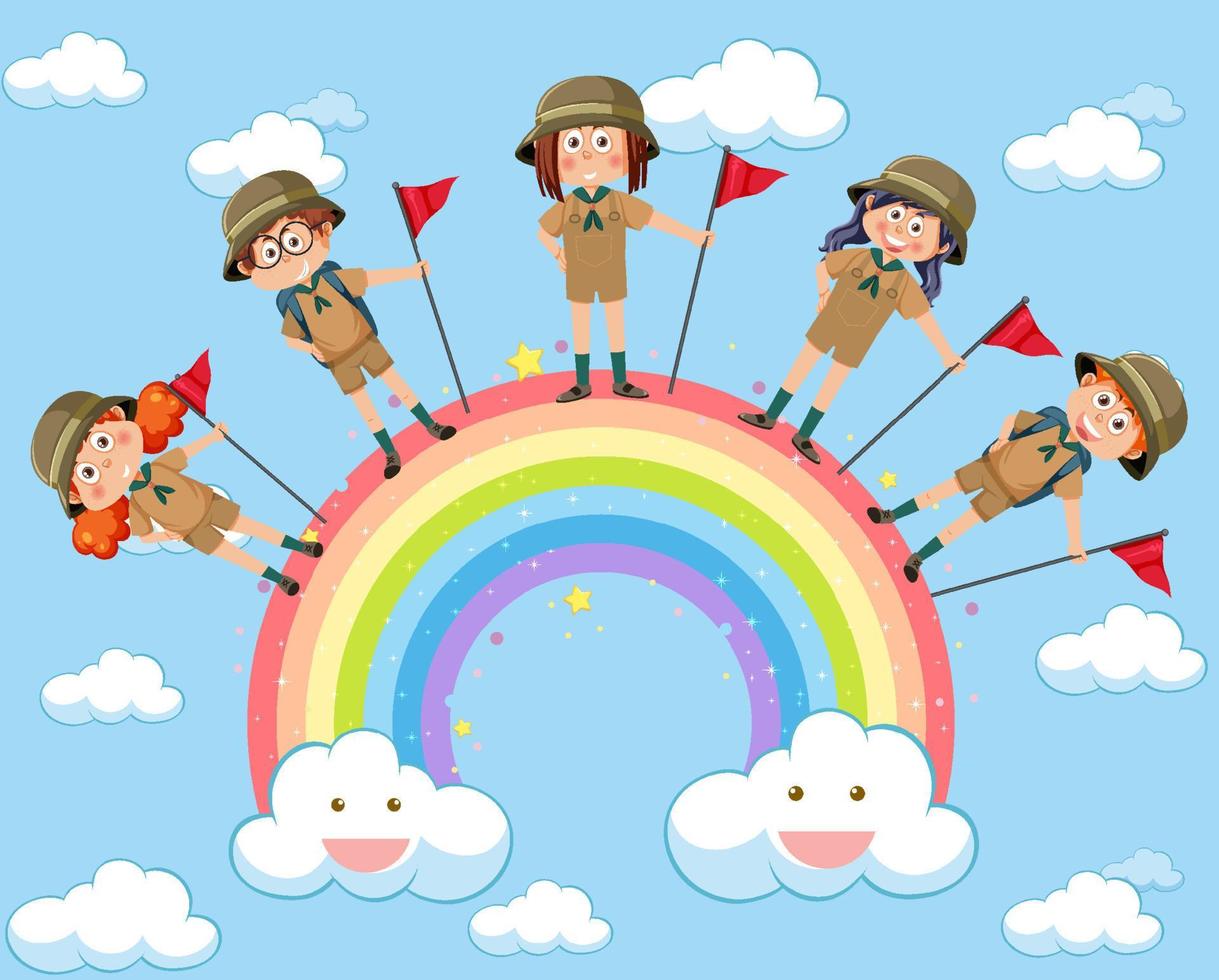 glückliche kinder im himmel mit regenbogen vektor