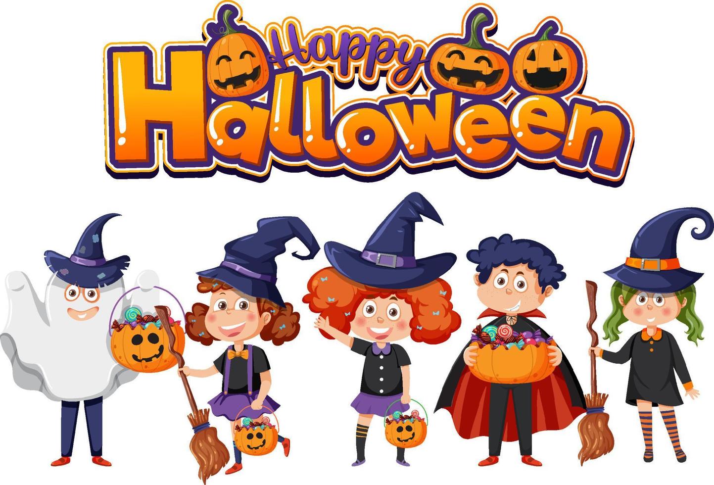 Lycklig halloween text logotyp med tecknad serie karaktär vektor