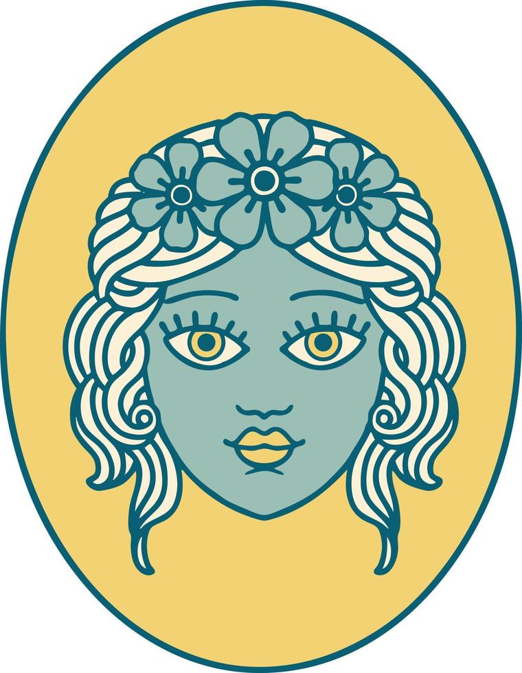 ikonisches Bild im Tattoo-Stil eines Mädchens mit Blumenkrone vektor