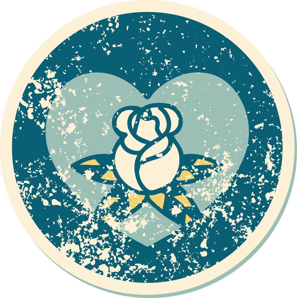 ikoniska bedrövad klistermärke tatuering stil bild av en hjärta och blommor vektor