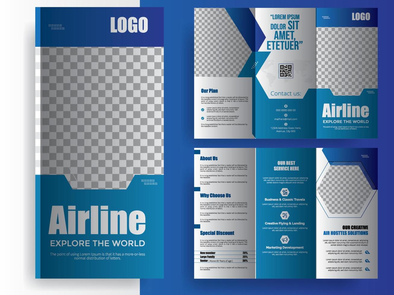 Marketingbroschüre der Fluggesellschaft, Flugzeugvektorillustration der Fluggesellschaft, Corporate-Branding-Identitätsvorlagendesign für Reisebüros. Briefpapier und Dokumentation im Geschäftsstil für Reisen, Urlaub vektor