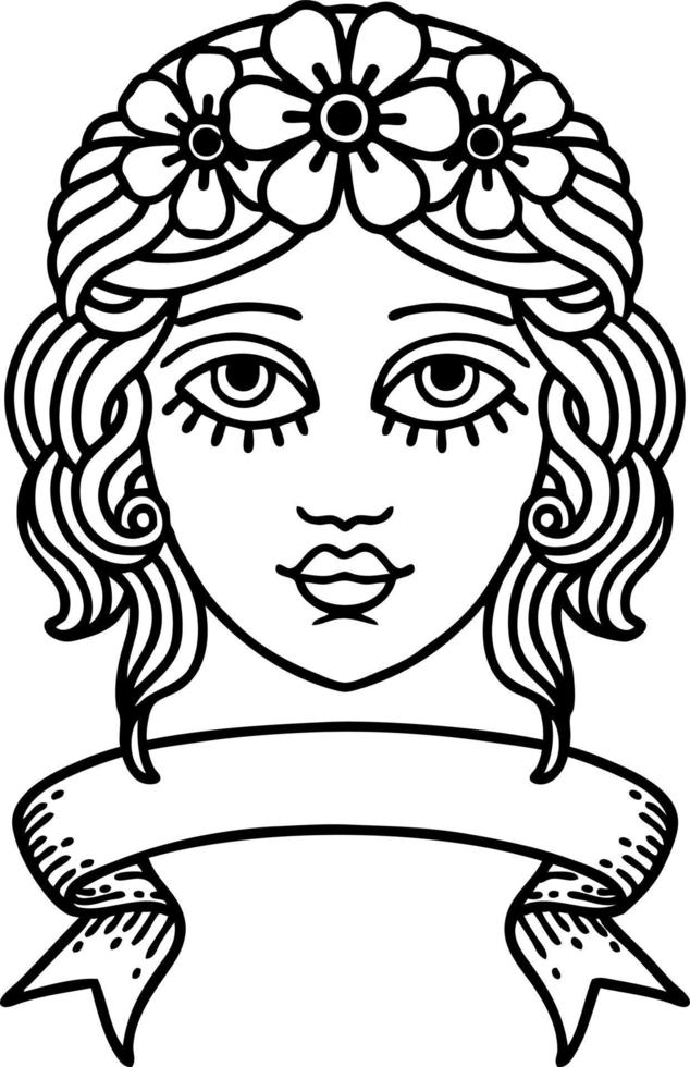 traditionelles schwarzes linientattoo mit banner des weiblichen gesichts mit blumenkrone vektor