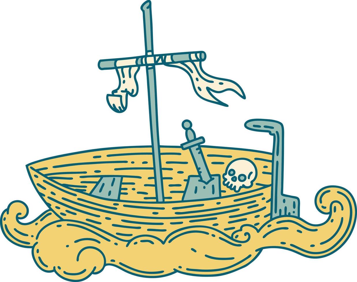 Illustration eines leeren Bootes im traditionellen Tattoo-Stil mit Totenkopf vektor