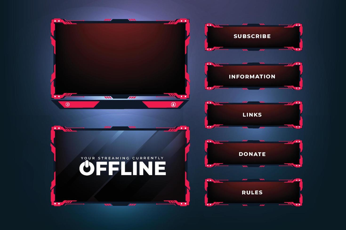 futuristisches Gaming-Overlay-Design mit abstrakten Formen. modernes Gaming-Overlay und Online-Screen-Panel-Vektor auf dunklem Hintergrund. Live-Streaming-Overlay und Broadcast-Randdesign mit roter Farbe. vektor