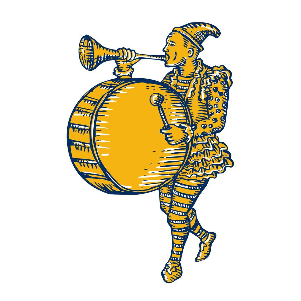 clown med trumpet och trumma marscherande etsning vektor