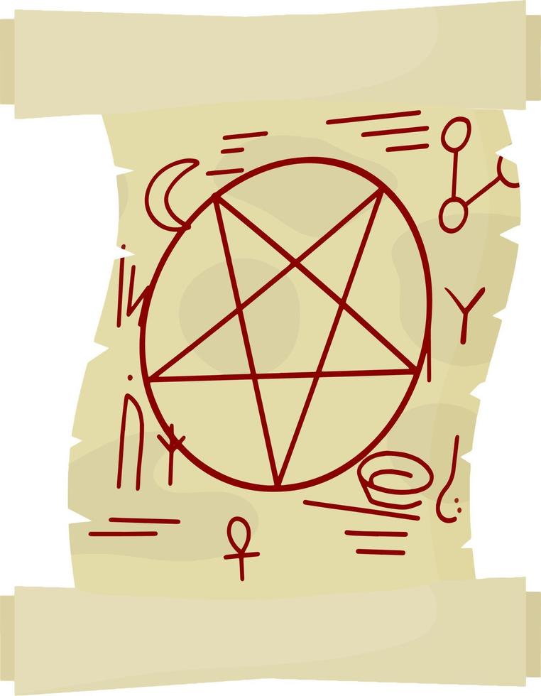 Papyrusrolle mit Zauberspruch. Sternpentagramm auf Papier. das Element des Zauberers und der Hexe. flache illustration der karikatur vektor