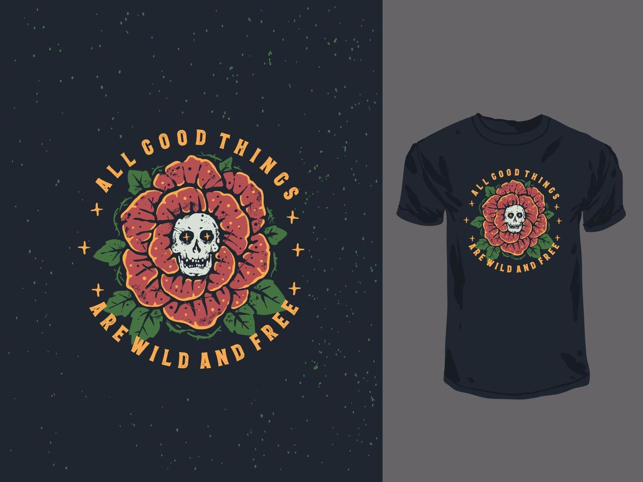 Blumenschädel Vintage Tattoo T-Shirt Design vektor