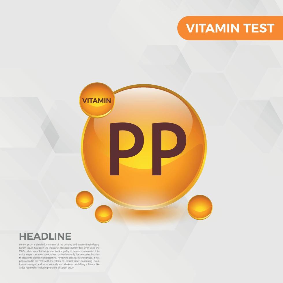 pp Vitamin Symbol Logo goldener Tropfen, komplexer Tropfen. medizinische hintergrundheide-vektorillustration vektor