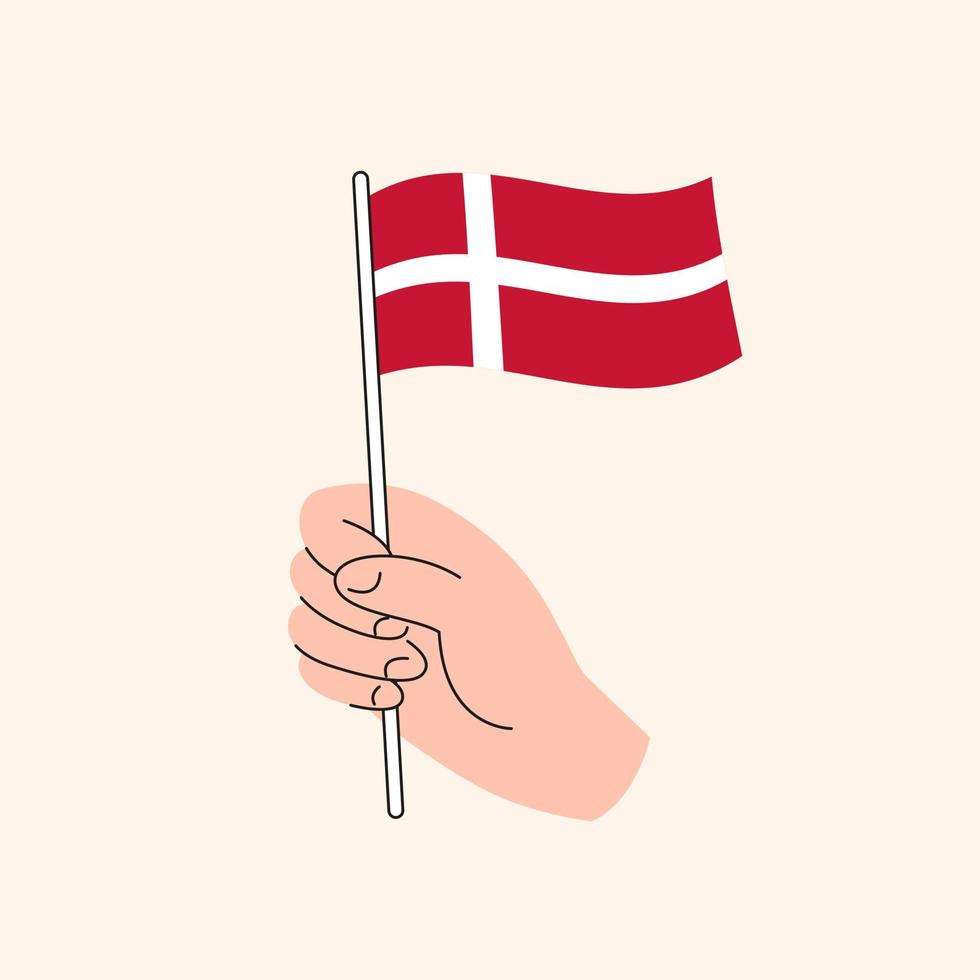 tecknad serie hand innehav dansk flagga. de flagga av Danmark, begrepp illustration. platt design isolerat vektor. vektor