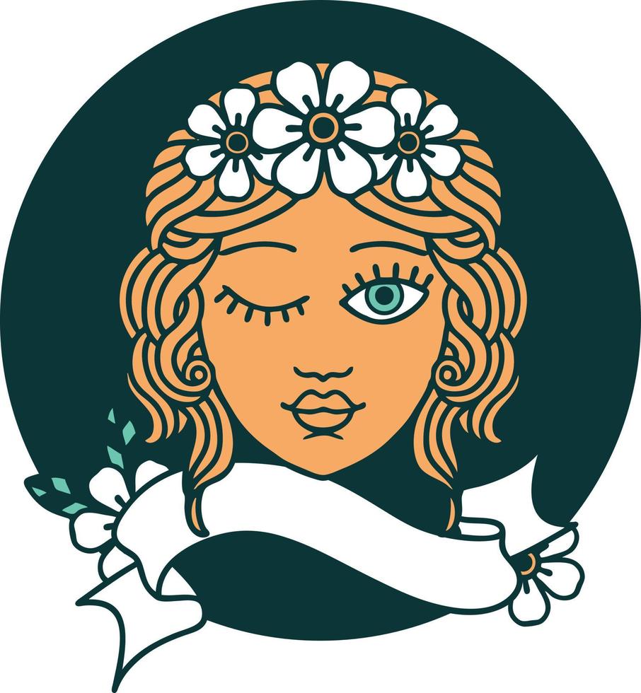 tatuering stil ikon med baner av en jungfrur ansikte blinka vektor