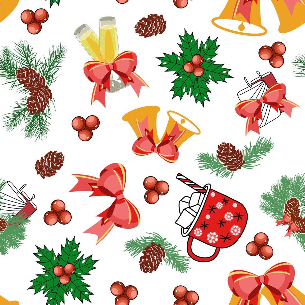 nahtloses feiertagsmuster mit weihnachtsdekorationen, bechern heißer schokolade, stechpalme, kegeln, schleifen, kerzen und glocken vektor