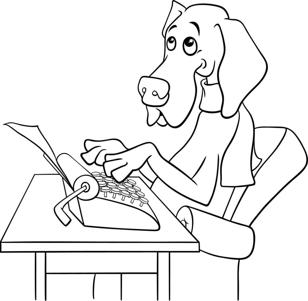 tecknad serie författare eller poet hund med skrivmaskin färg sida vektor