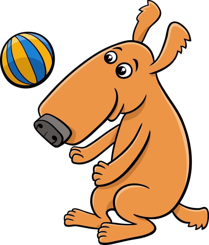 tecknad serie rolig gul hund karaktär spelar med en boll vektor