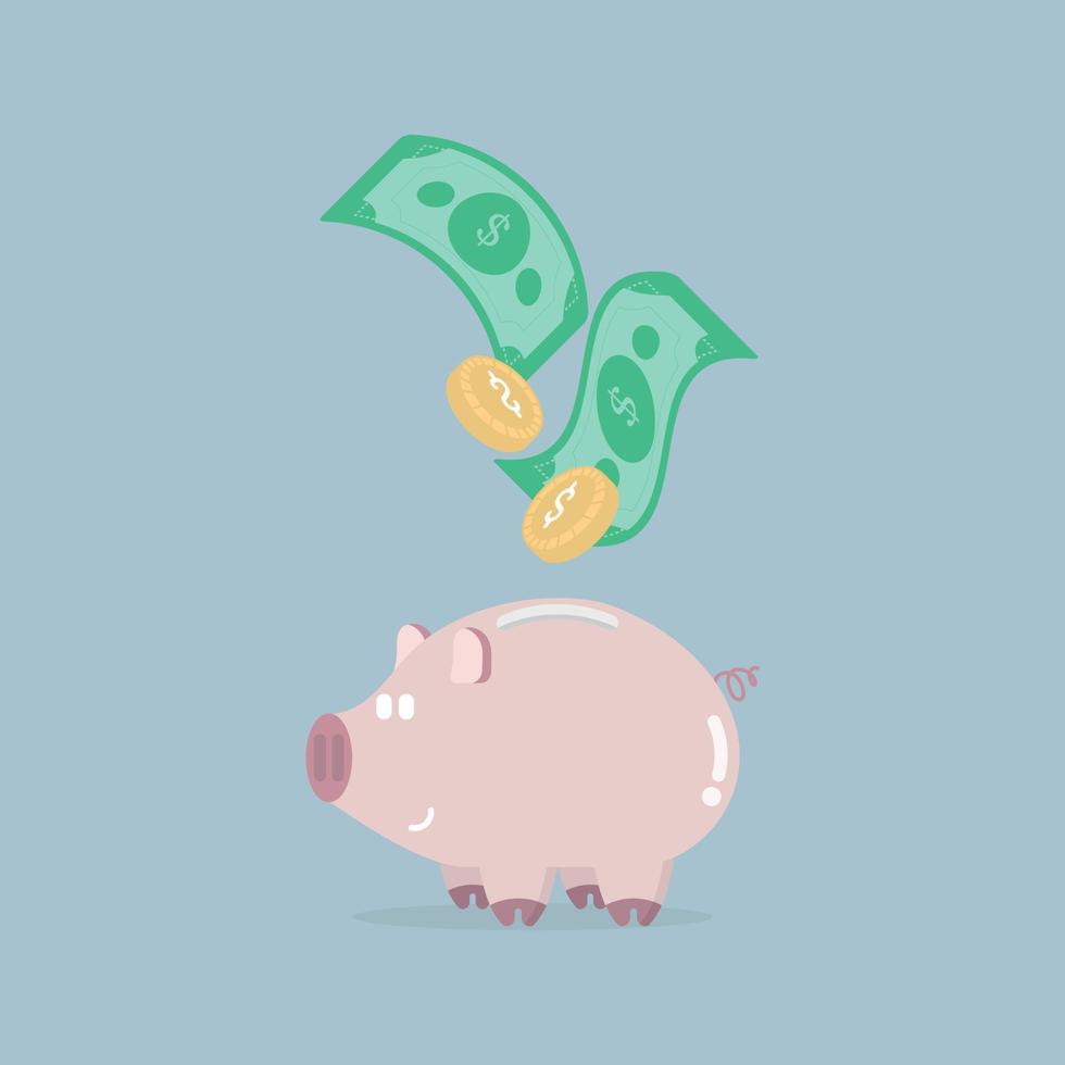 niedliches rosa sparschwein mit geld, flache vektorillustrationscharakter-karikaturdesign-clipart vektor