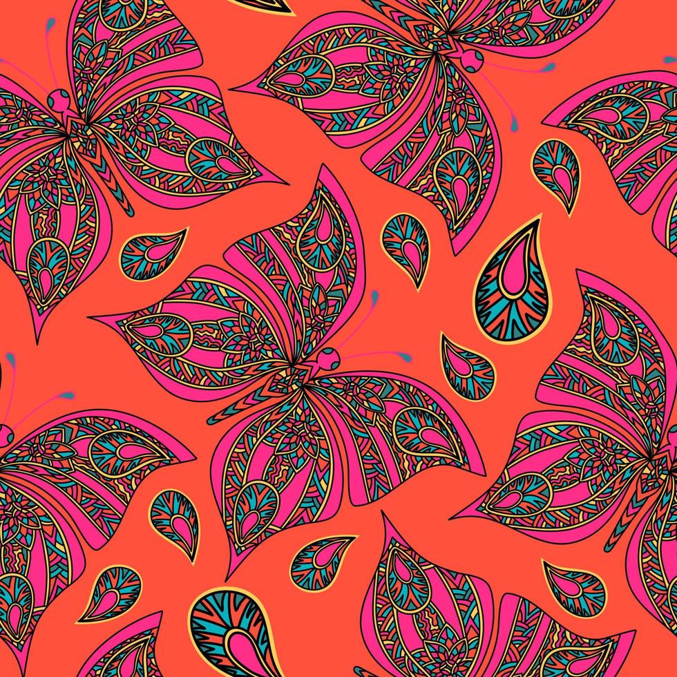 Nahtloses Muster mit rosa Schmetterling im Zentangle-Stil auf rotem Hintergrund. vektor