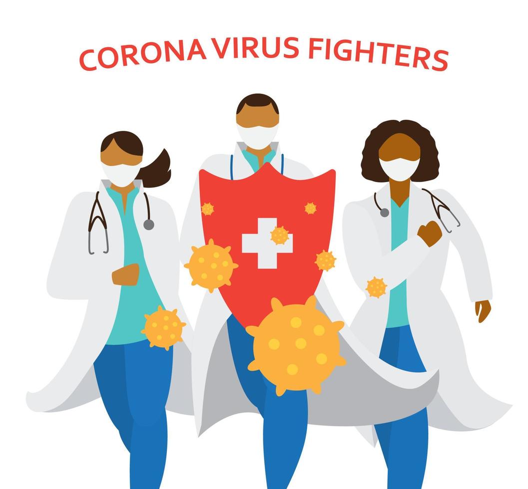 ärzte in masken und uniform halten einen großen schild gegen das corona-virus. Mediziner verschiedener Rassen laufen. Vektor-Illustration. vektor