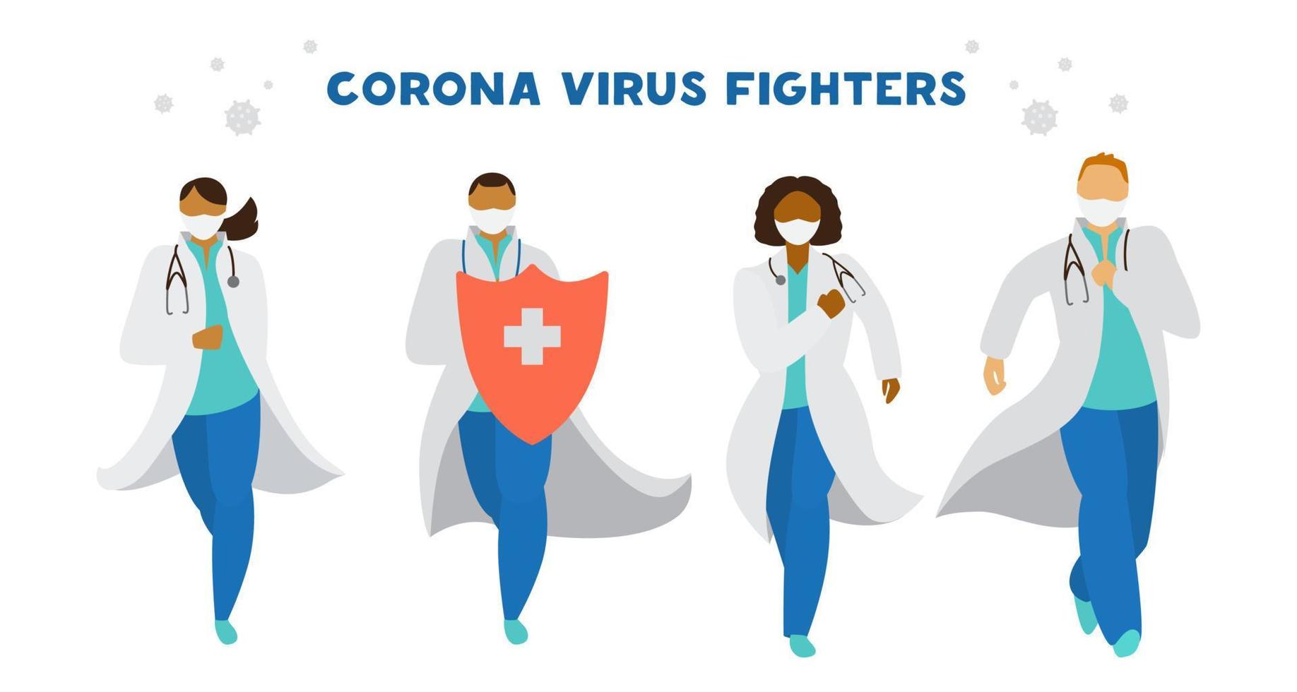 coronavirus fighters. annorlunda races doktorer i enhetlig och masker med skydda gående till bekämpa coronavirus. platt vektor illustration.