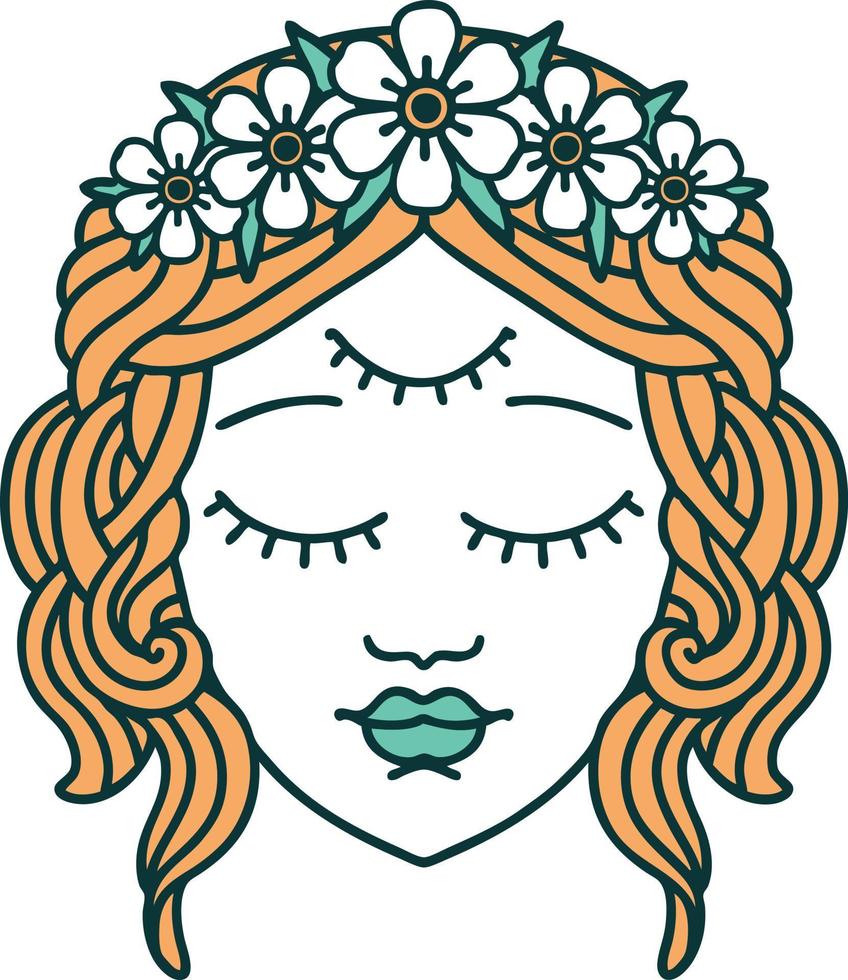 ikonisches Bild im Tattoo-Stil des weiblichen Gesichts mit dem dritten Auge vektor