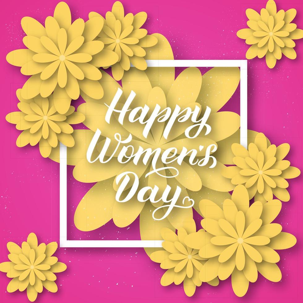 Happy Womens Day Kalligrafie-Schriftzug mit Papierschnittblumen. Origami-Stil-Vektor-Illustration. Banner zum internationalen Frauentag mit Blumen, Poster, Partyeinladungen, Grußkarten usw vektor